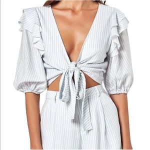 CHARLIE HOLIDAY Louie Beach Stripe Tie Front Plunge Short Sleeve Crop Top